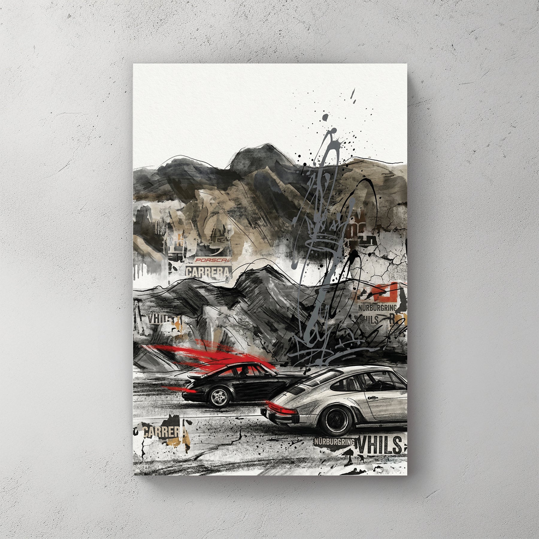 Two Porsche 911s on a back straight: one black with red blur trailing, one silver. PORSCHE, CARRERA, NÜRBURGRING, VHILS stamped text overlay. Ink wash and graffiti style with splatter — canvas wall art print
