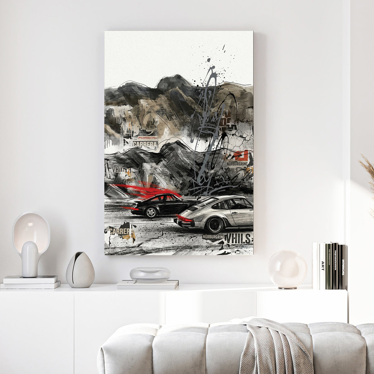 Porsche 911 Urban Street Art canvas wall art print above a sofa in a contemporary living room