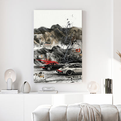 Porsche 911 Urban Street Art canvas wall art print above a sofa in a contemporary living room