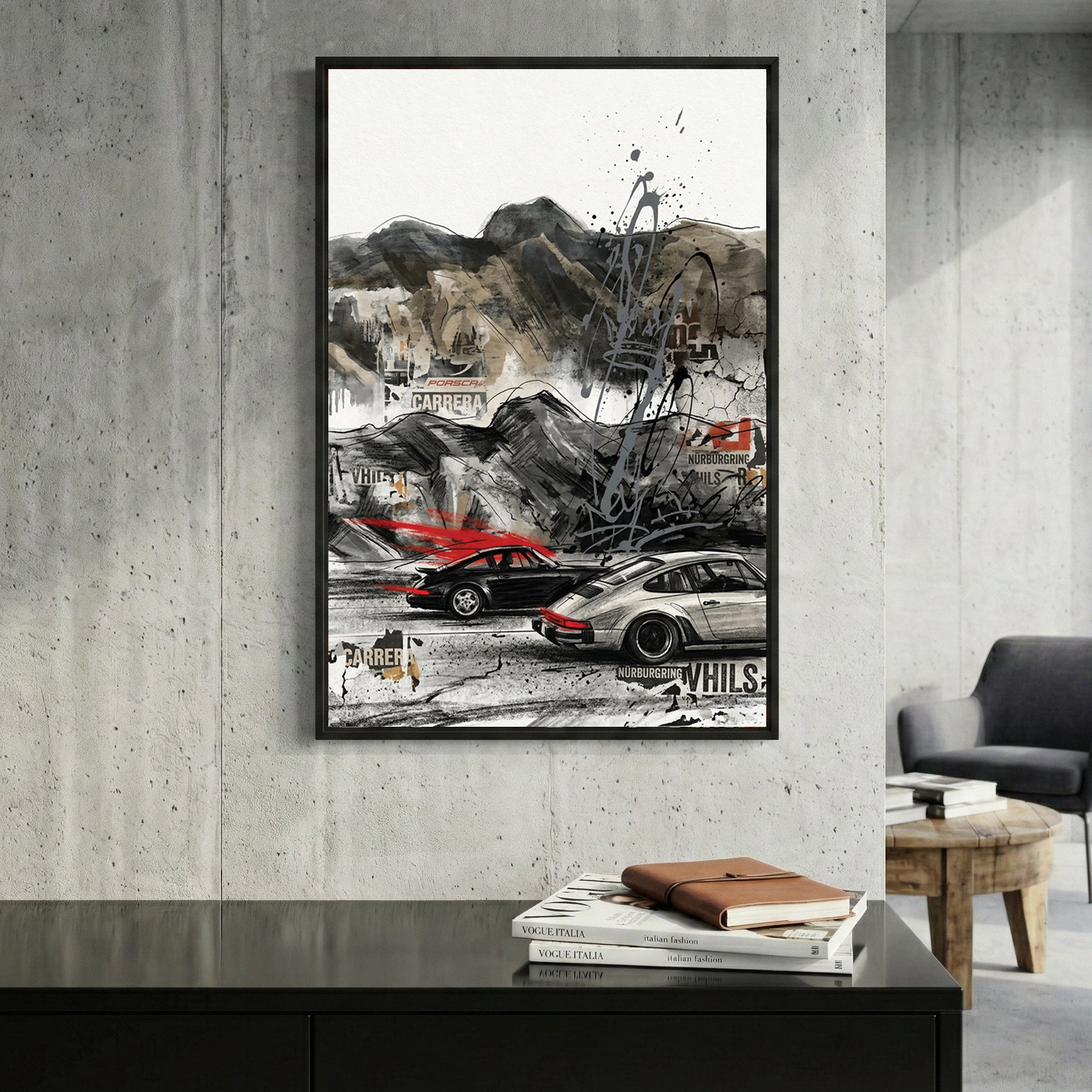 Porsche 911 Urban Street Art framed canvas wall art print in a gallery-style display