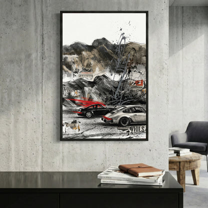 Porsche 911 Urban Street Art framed canvas wall art print in a gallery-style display
