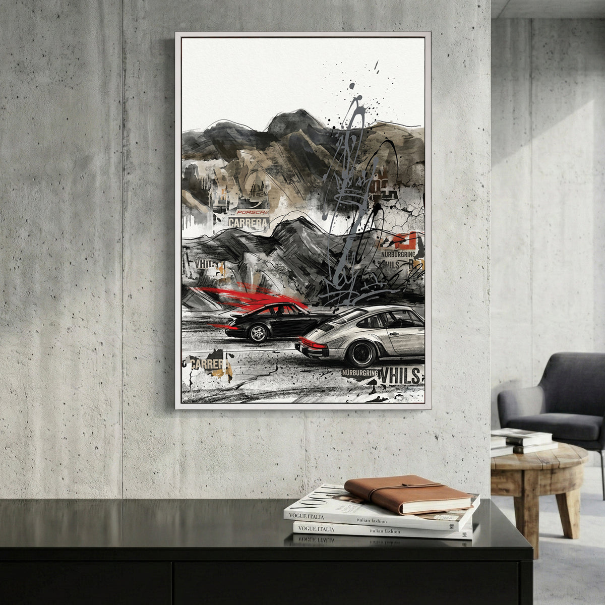 Porsche 911 Urban Street Art canvas wall art print displayed in a styled living room