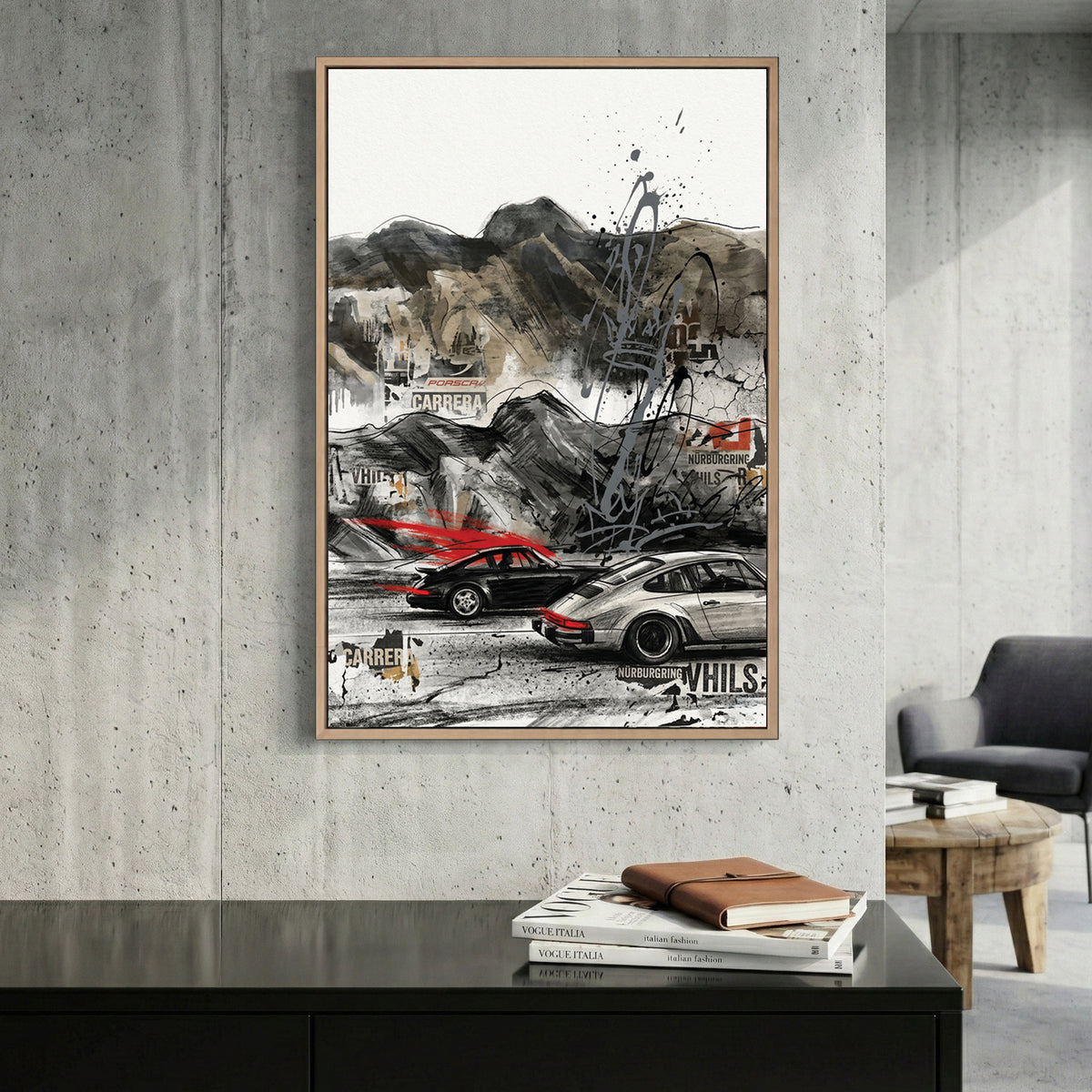 Porsche 911 Urban Street Art canvas wall art print displayed in a styled living room