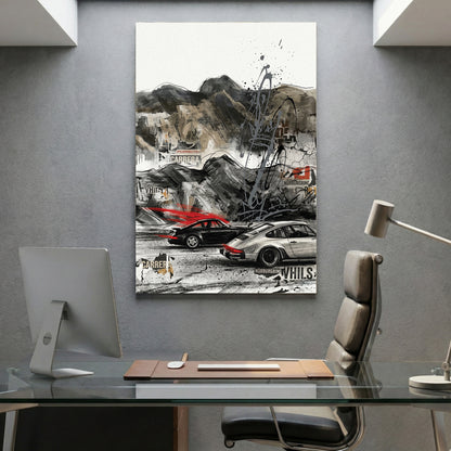 Porsche 911 Urban Street Art canvas wall art print displayed in a styled living room
