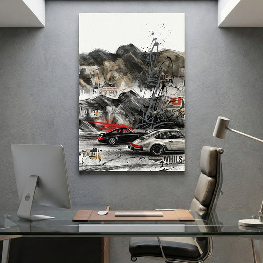 Porsche 911 Urban Street Art canvas wall art print displayed in a styled living room