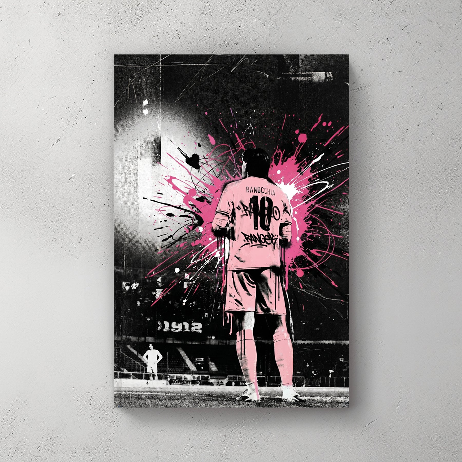 Palermo FC player Ranocchia #18 from behind in pink kit, hot pink splatter background, stadium with 1912 visible — canvas wall art print