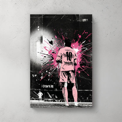 Palermo FC player Ranocchia #18 from behind in pink kit, hot pink splatter background, stadium with 1912 visible — canvas wall art print