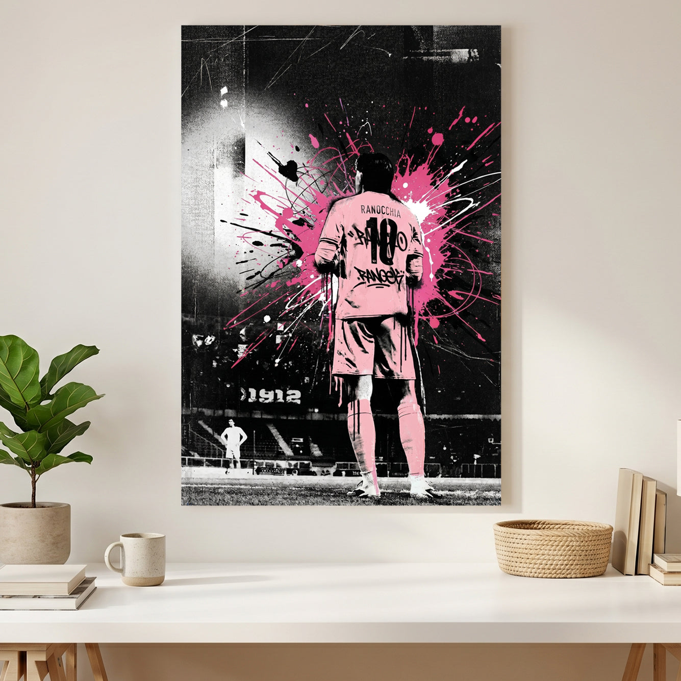 Ranocchia Palermo FC Pink Splatter canvas wall art print styled in a modern interior