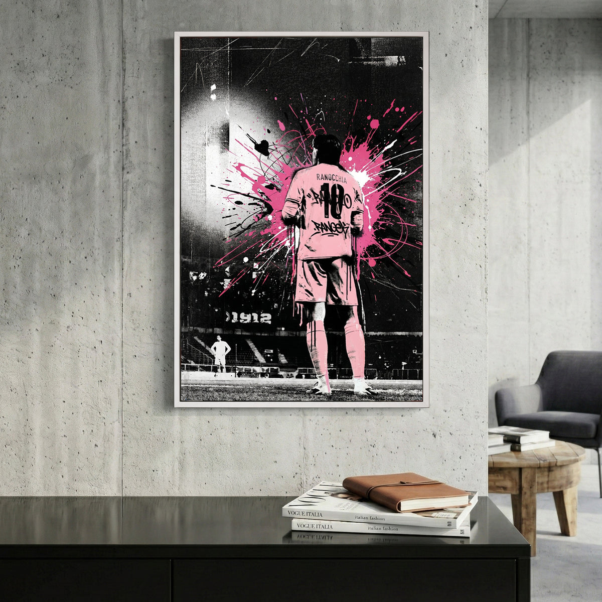 Ranocchia Palermo FC Pink Splatter canvas wall art print displayed in a styled living room