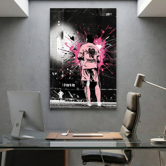 Ranocchia Palermo FC Pink Splatter canvas wall art print displayed in a styled living room