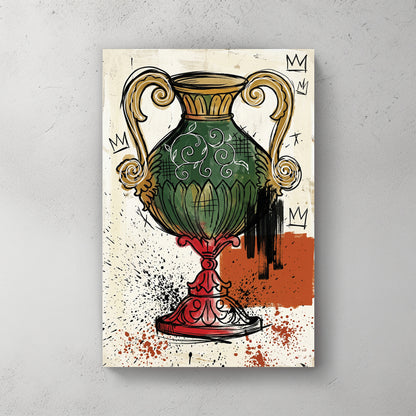 Italian playing card style, green vase with red base, gold handles, crown symbols, splatter background — canvas wall art print