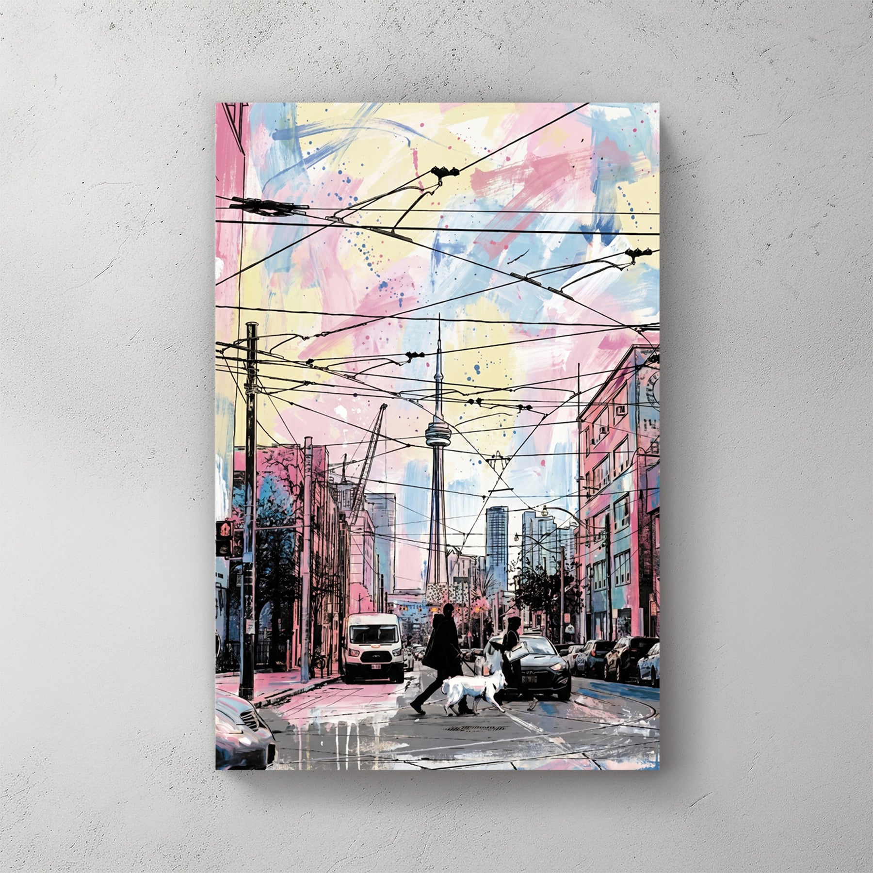 Toronto street scene with CN Tower, streetcar, pastel pink and blue sky, watercolour style — canvas wall art print