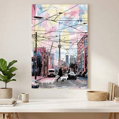 Toronto CN Tower Streetcar Watercolour canvas wall art print styled in a modern interior
