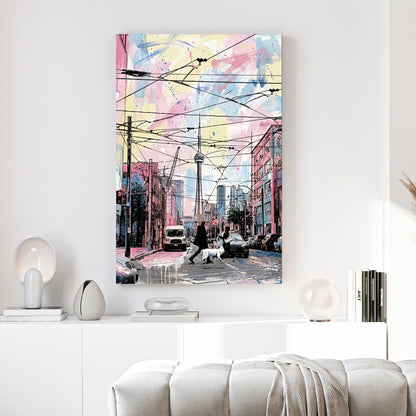 Toronto CN Tower Streetcar Watercolour canvas wall art print above a sofa in a contemporary living room
