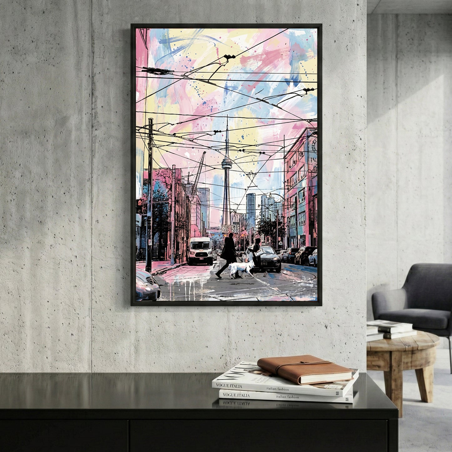 Toronto CN Tower Streetcar Watercolour framed canvas wall art print in a gallery-style display
