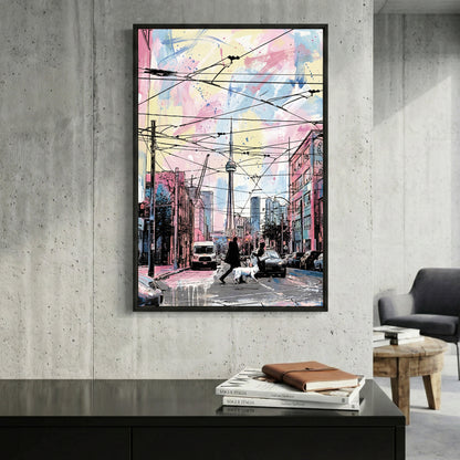 Toronto CN Tower Streetcar Watercolour framed canvas wall art print in a gallery-style display