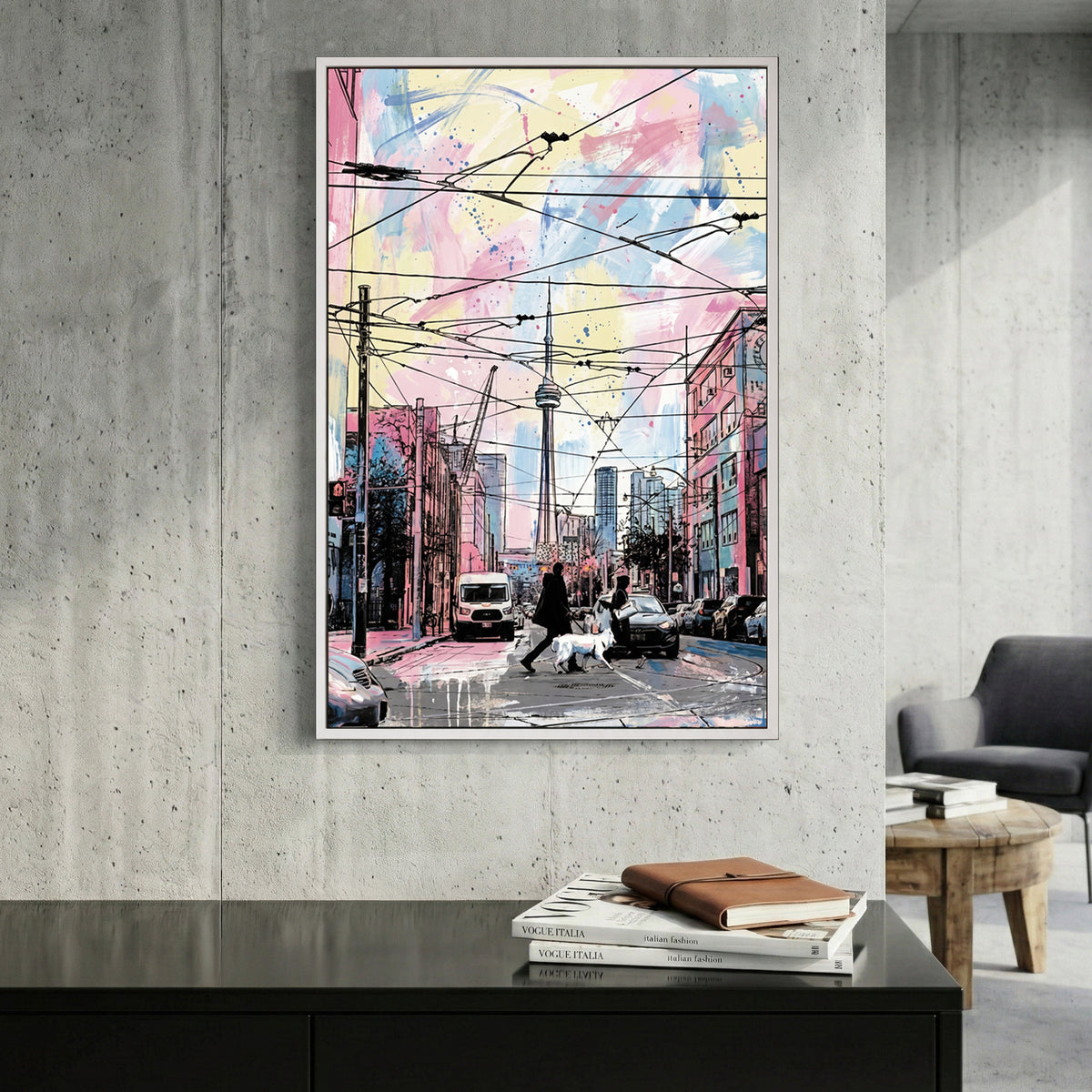 Toronto CN Tower Streetcar Watercolour canvas wall art print displayed in a styled living room