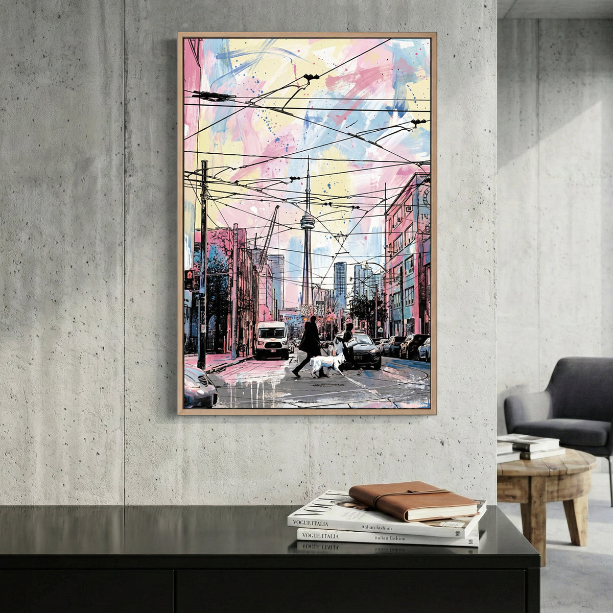 Toronto CN Tower Streetcar Watercolour canvas wall art print displayed in a styled living room