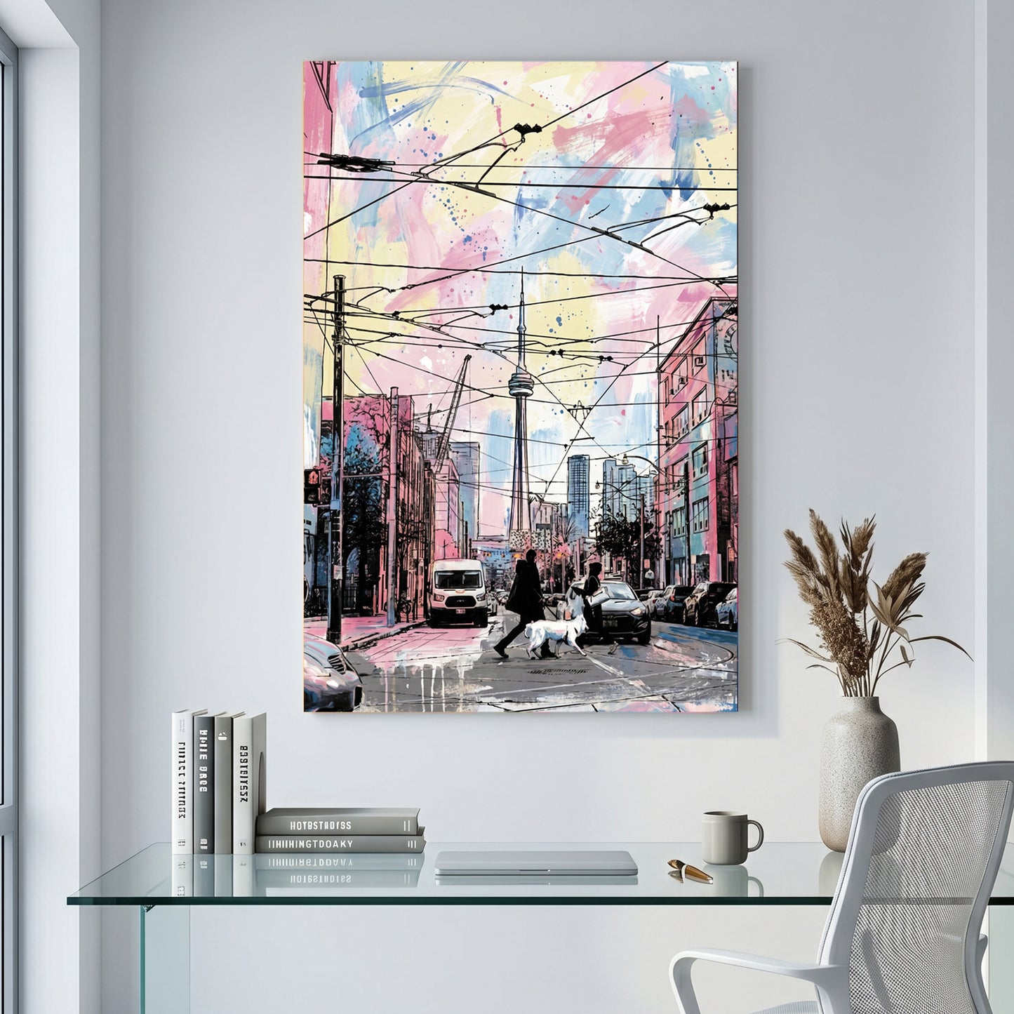 Toronto CN Tower Streetcar Watercolour canvas wall art print displayed in a styled living room