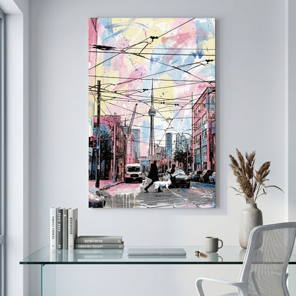 Toronto CN Tower Streetcar Watercolour canvas wall art print displayed in a styled living room