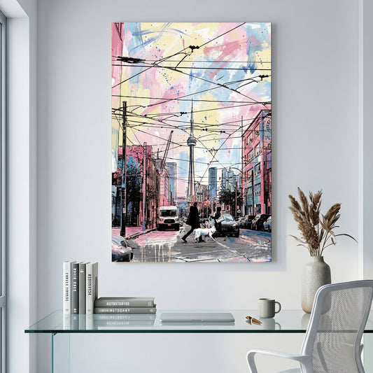 Toronto CN Tower Streetcar Watercolour canvas wall art print displayed in a styled living room