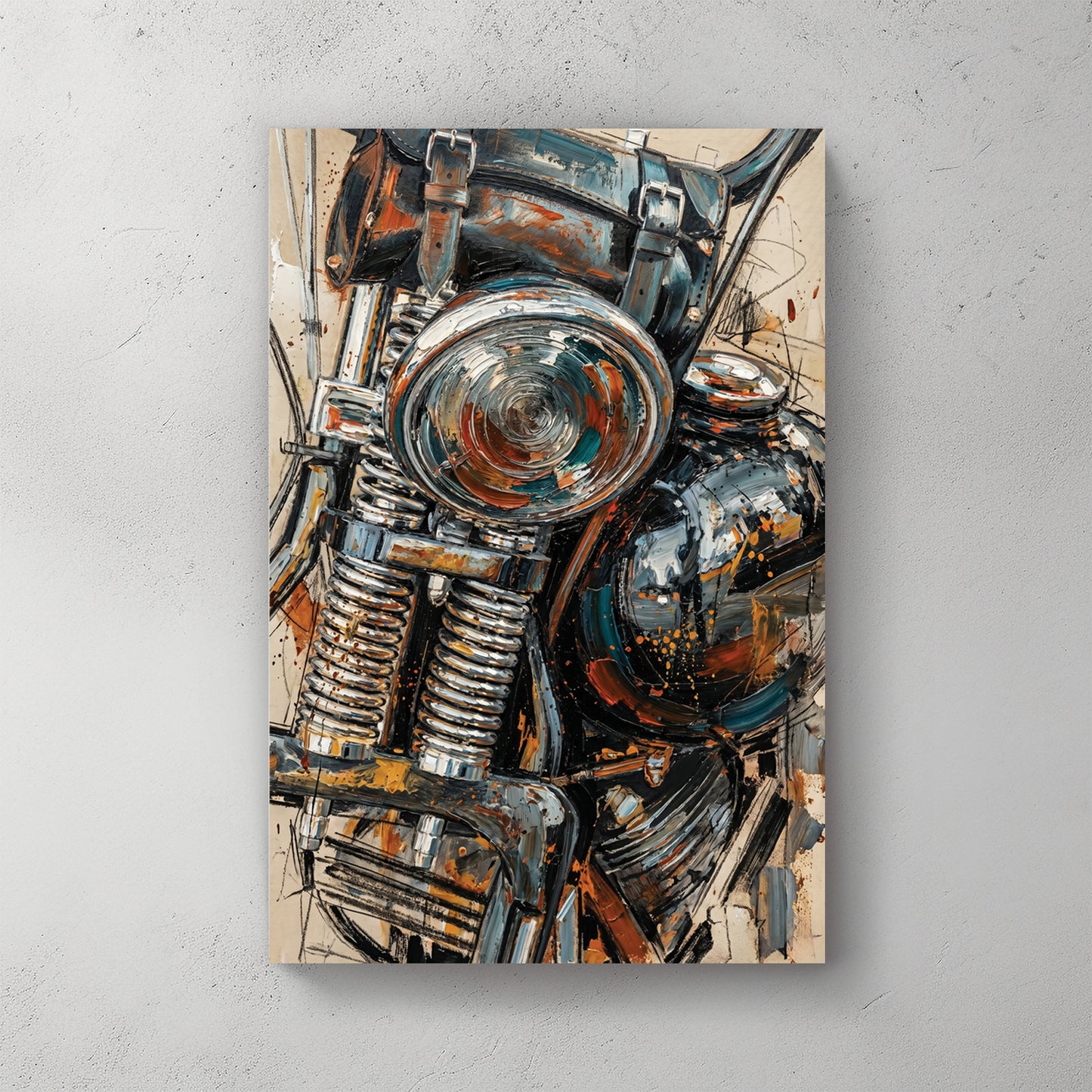 Close-up of vintage motorcycle headlight, chrome forks and tank, orange and teal palette knife strokes — canvas wall art print