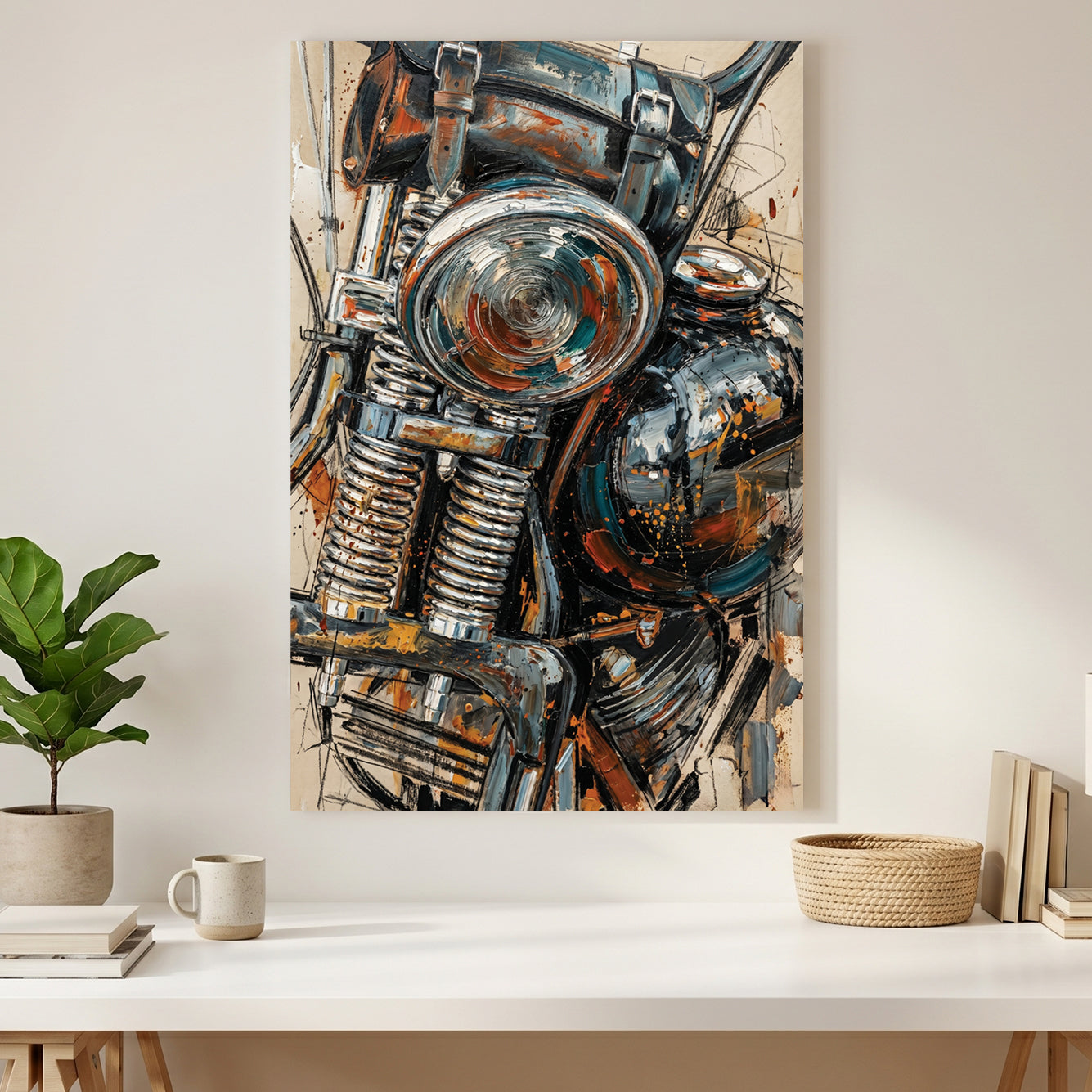 Vintage Motorcycle Engine Oil Painting canvas wall art print styled in a modern interior