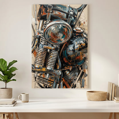 Vintage Motorcycle Engine Oil Painting canvas wall art print styled in a modern interior