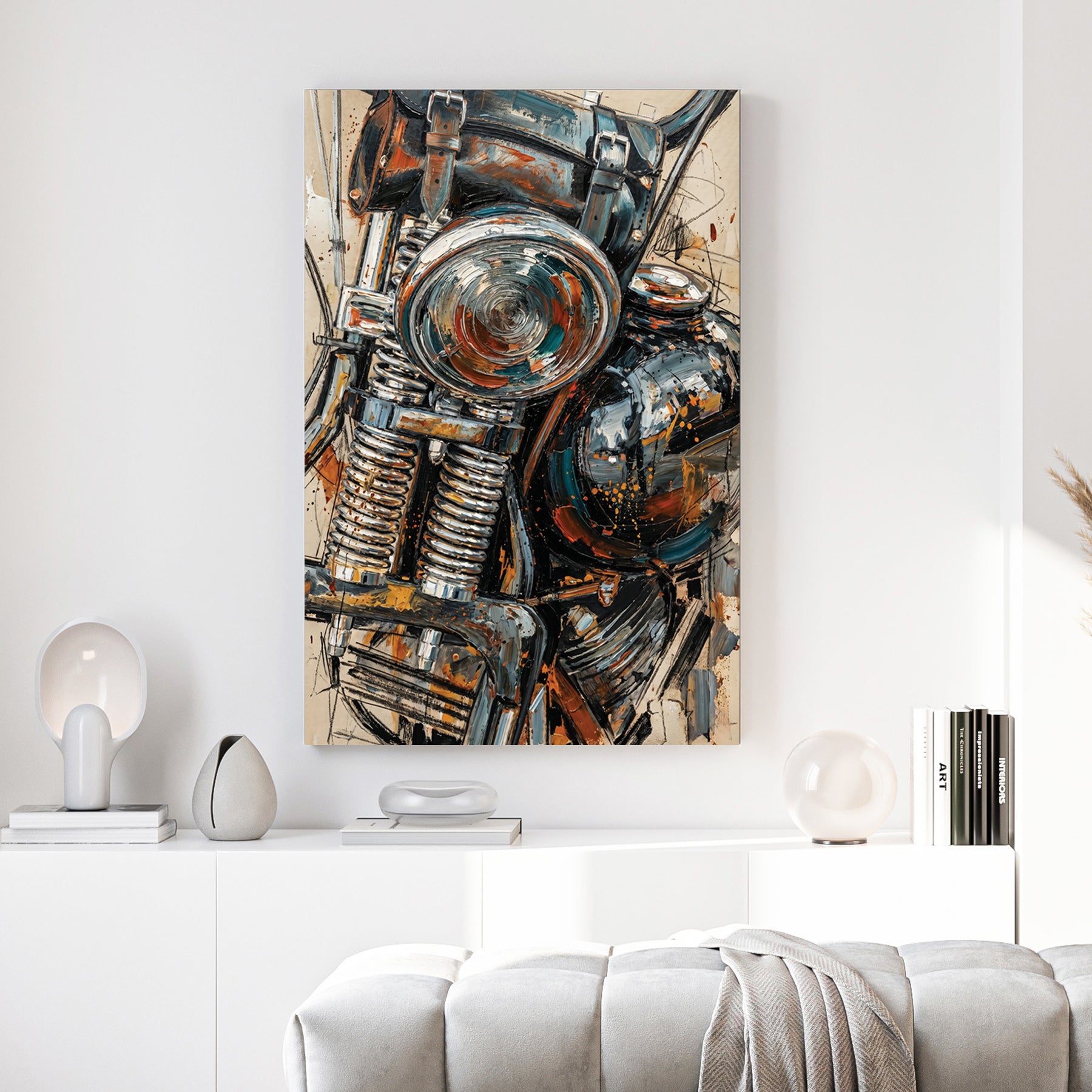 Vintage Motorcycle Engine Oil Painting canvas wall art print above a sofa in a contemporary living room