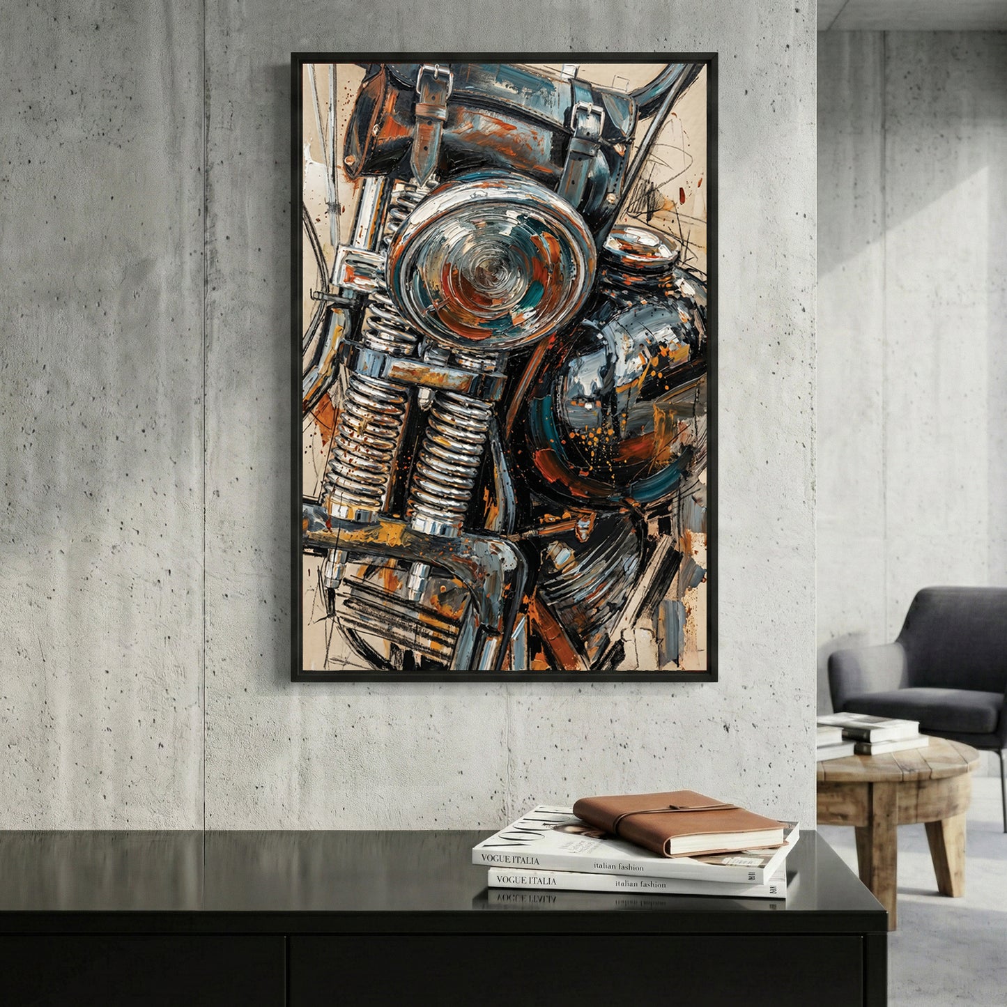 Vintage Motorcycle Engine Oil Painting framed canvas wall art print in a gallery-style display