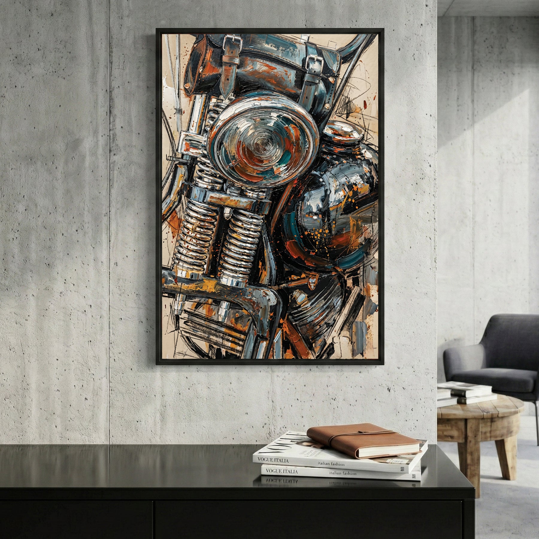 Vintage Motorcycle Engine Oil Painting framed canvas wall art print in a gallery-style display