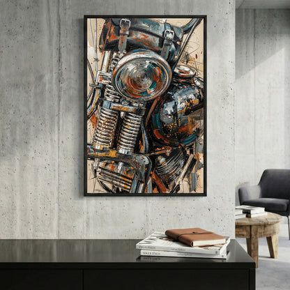 Vintage Motorcycle Engine Oil Painting framed canvas wall art print in a gallery-style display