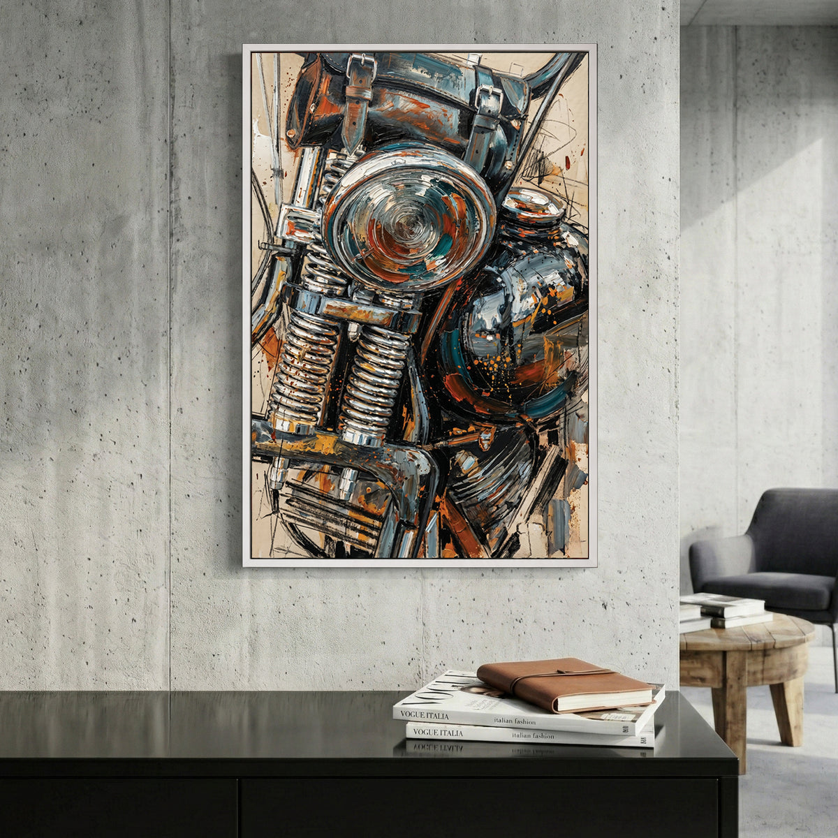 Vintage Motorcycle Engine Oil Painting canvas wall art print displayed in a styled living room