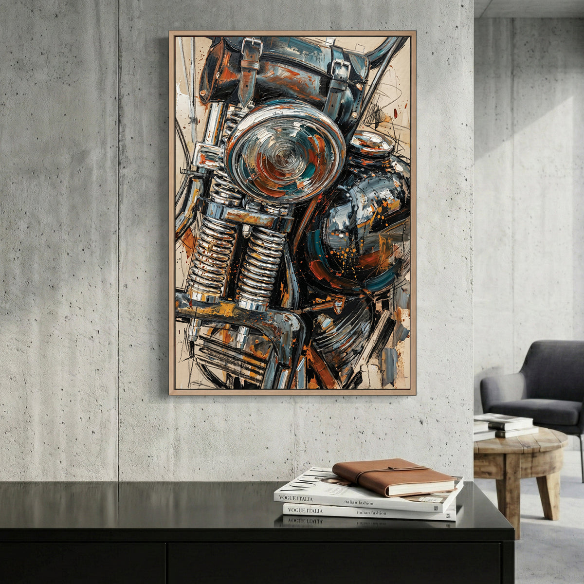 Vintage Motorcycle Engine Oil Painting canvas wall art print displayed in a styled living room