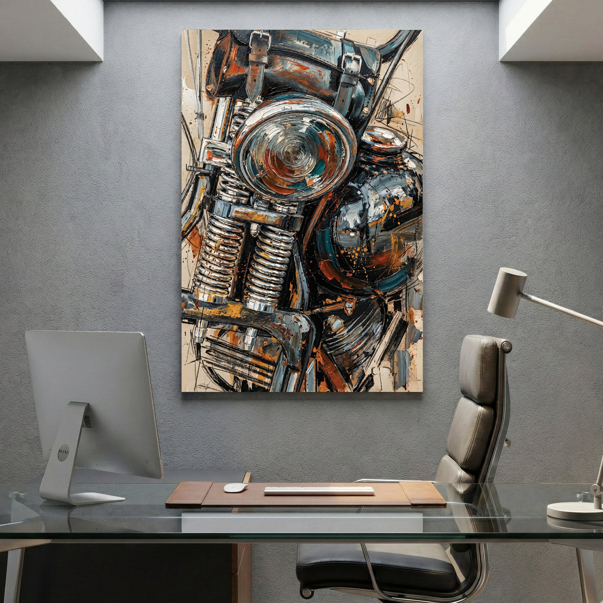 Vintage Motorcycle Engine Oil Painting canvas wall art print displayed in a styled living room