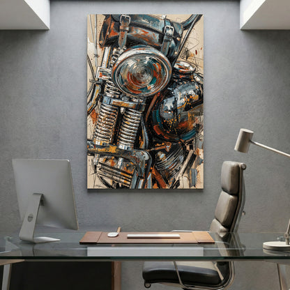 Vintage Motorcycle Engine Oil Painting canvas wall art print displayed in a styled living room