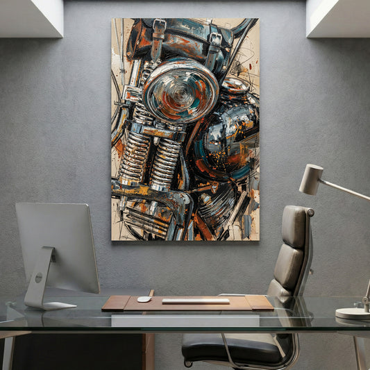 Vintage Motorcycle Engine Oil Painting canvas wall art print displayed in a styled living room