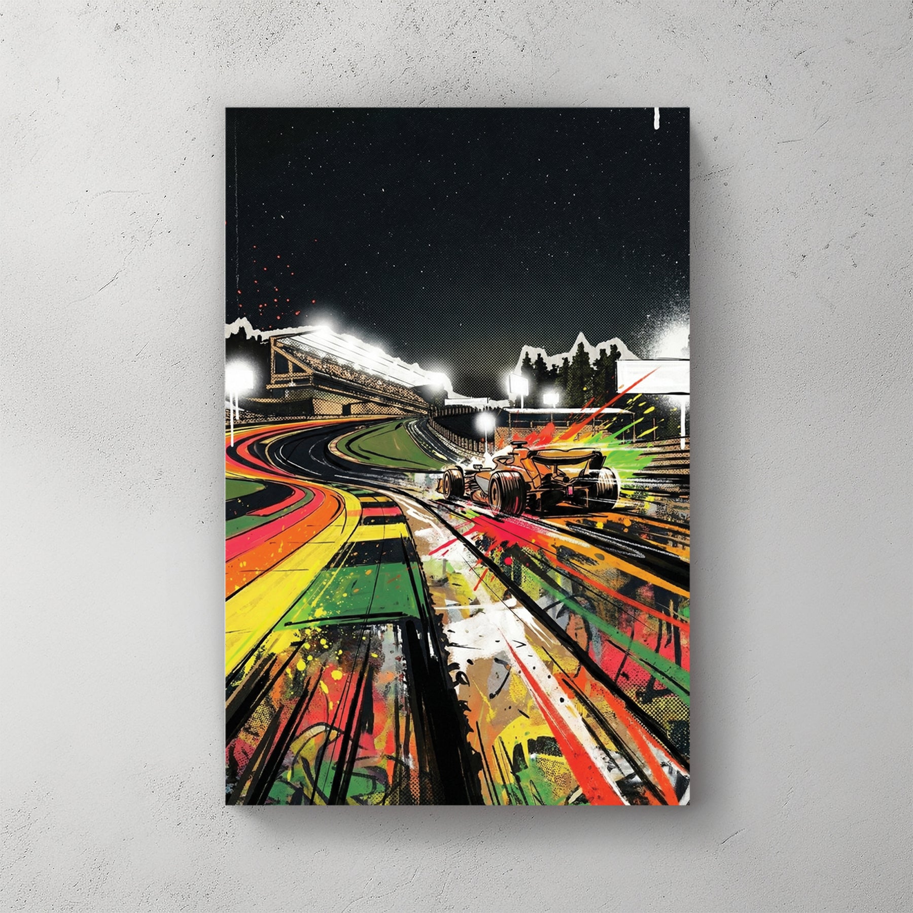 Formula 1 race car on neon graffiti racetrack, night scene with floodlights, green pink yellow orange paint splashes, stands — canvas wall art print