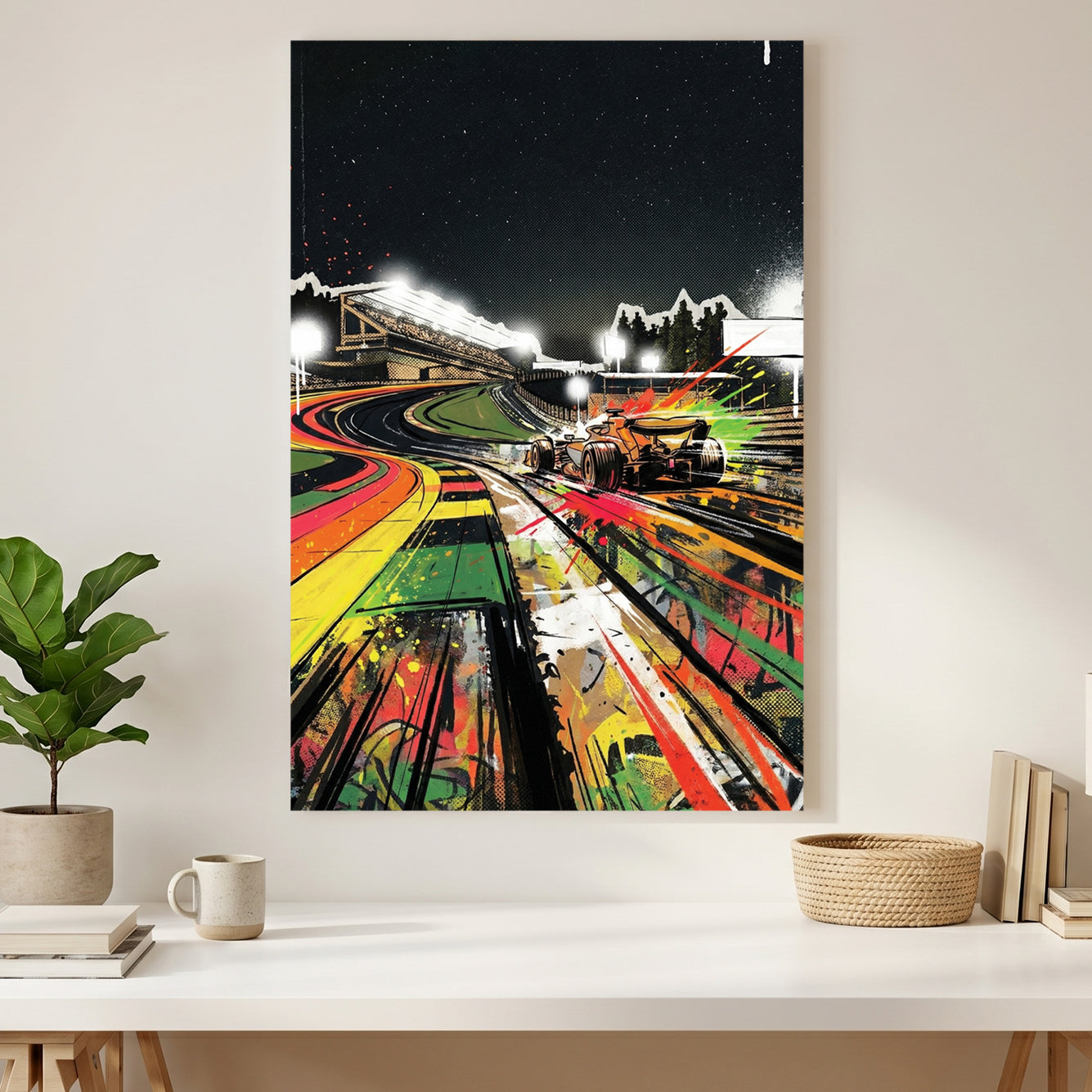 Neon Race Track Graffiti canvas wall art print styled in a modern interior