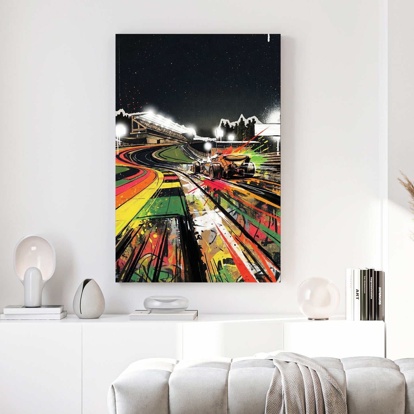 Neon Race Track Graffiti canvas wall art print above a sofa in a contemporary living room