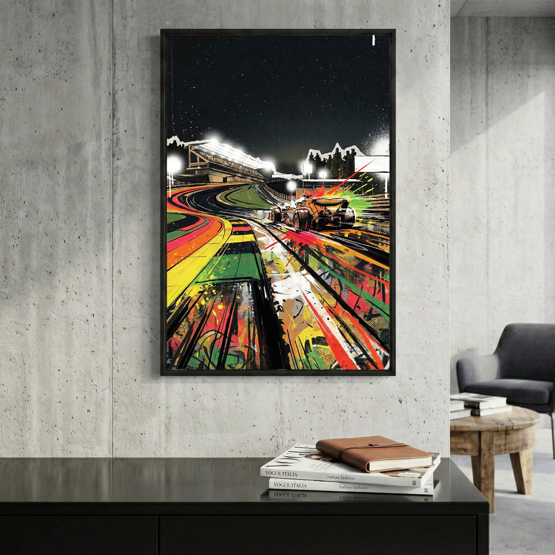 Neon Race Track Graffiti framed canvas wall art print in a gallery-style display