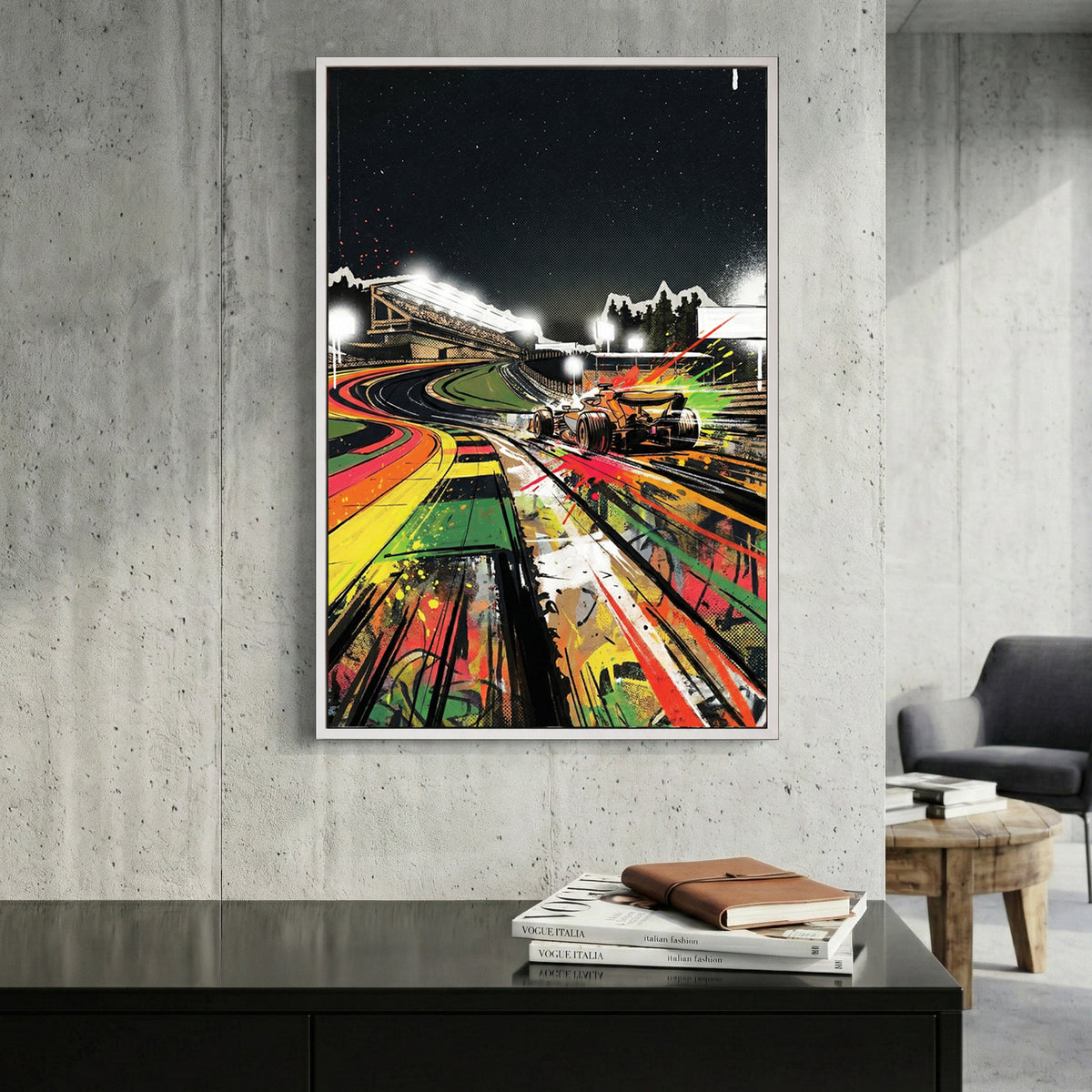 Neon Race Track Graffiti canvas wall art print displayed in a styled living room