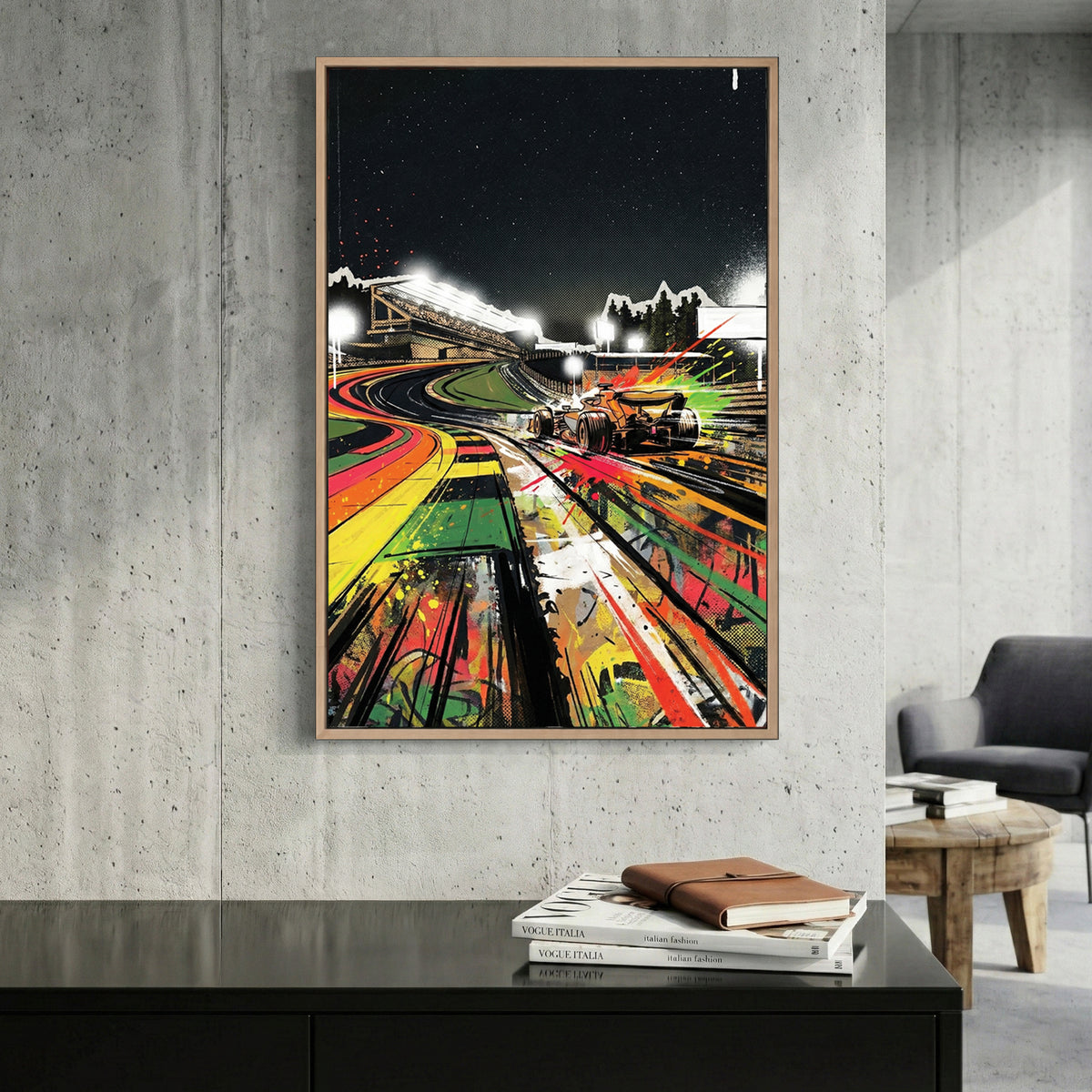 Neon Race Track Graffiti canvas wall art print displayed in a styled living room