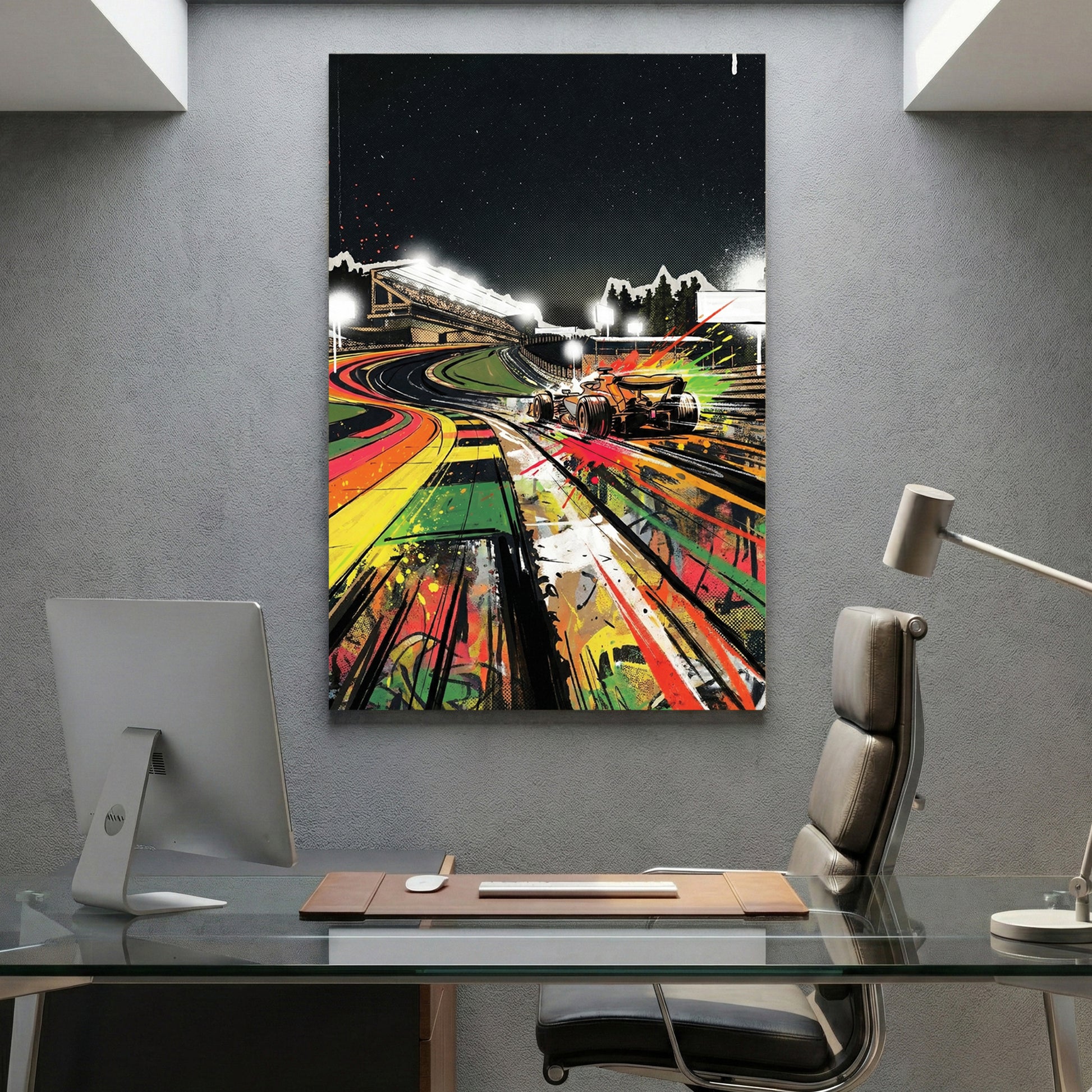 Neon Race Track Graffiti canvas wall art print displayed in a styled living room