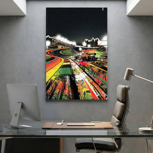 Neon Race Track Graffiti canvas wall art print displayed in a styled living room