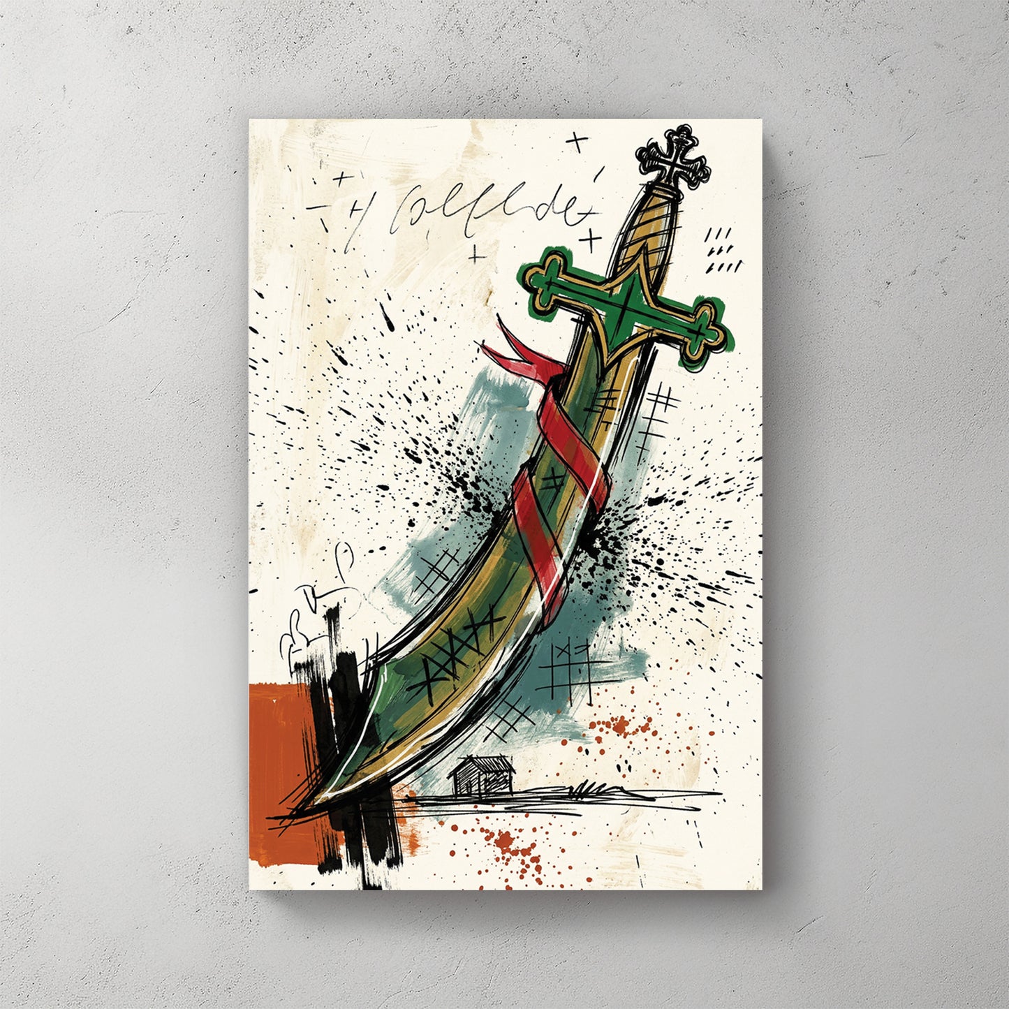 Italian playing card "Asso di Spade"; curved sword with red ribbon; green hilt with cross — canvas wall art print