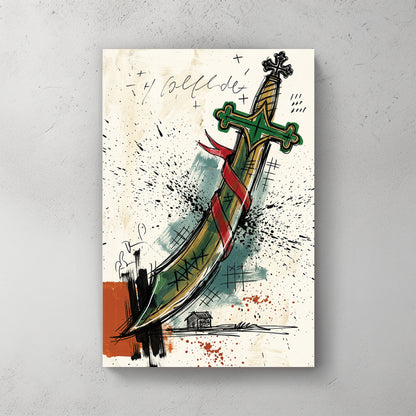 Italian playing card "Asso di Spade"; curved sword with red ribbon; green hilt with cross — canvas wall art print