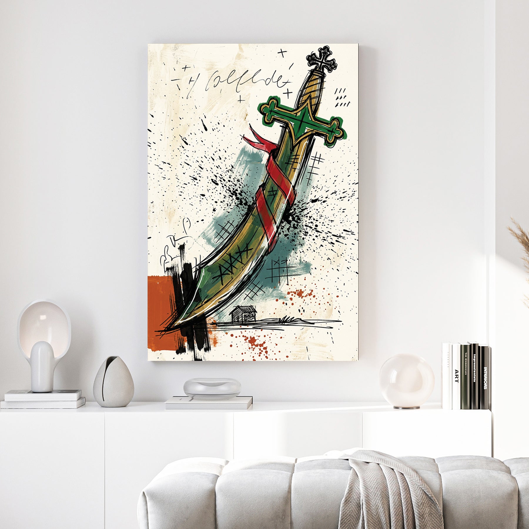 Asso di Spade Italian Playing Card canvas wall art print above a sofa in a contemporary living room