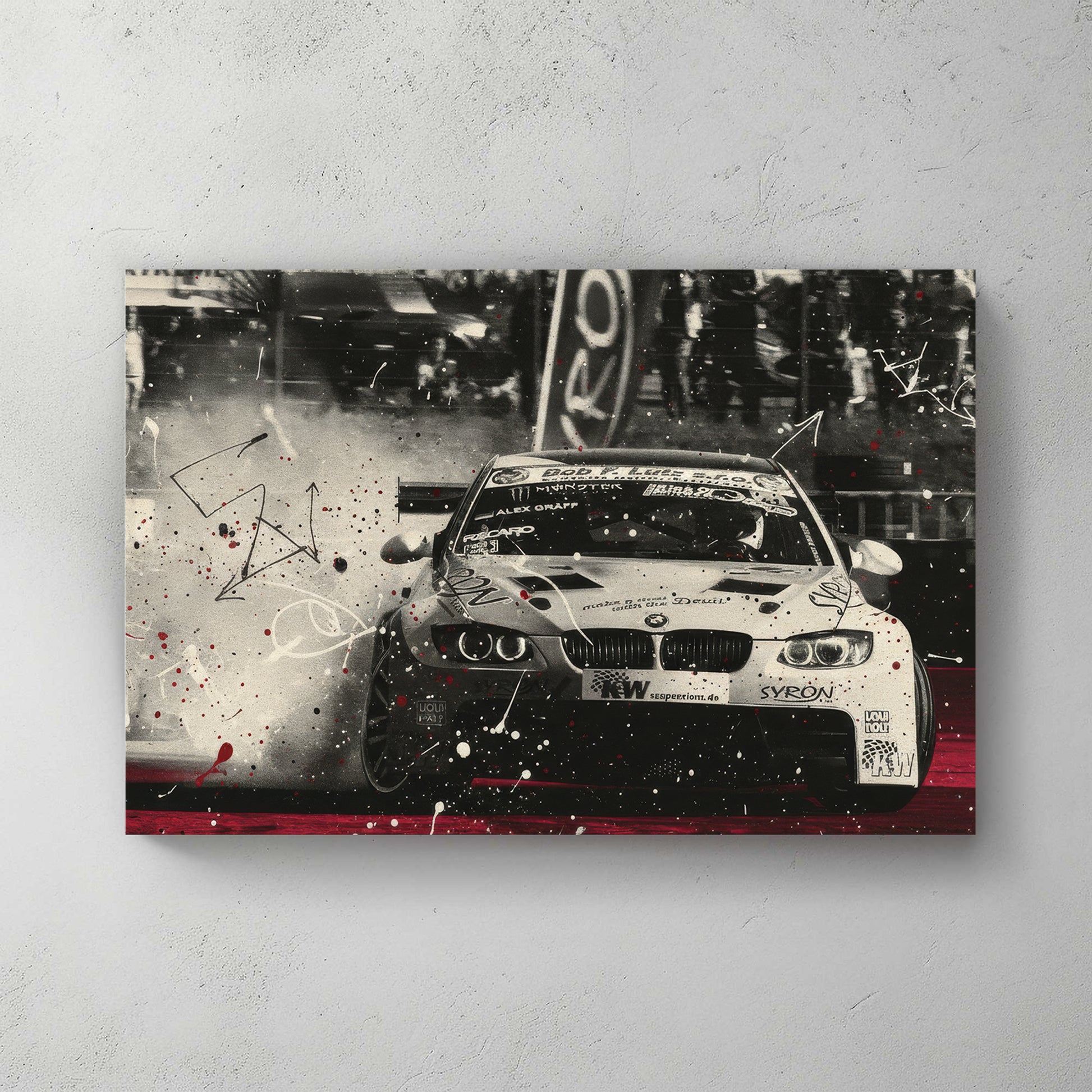BMW M3 race car; drift smoke; black & white with red track; splatter effects — canvas wall art print