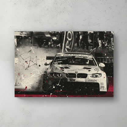 BMW M3 race car; drift smoke; black & white with red track; splatter effects — canvas wall art print